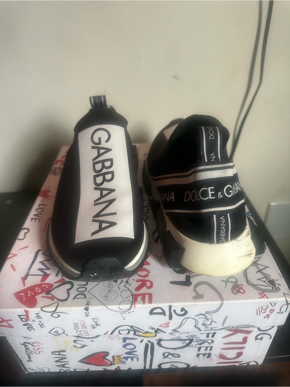 Dolce & Gabbana Mens Black and White Logo Slip-On Sneakers